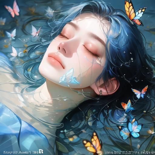 Girl in Water with Flowers and Butterflies