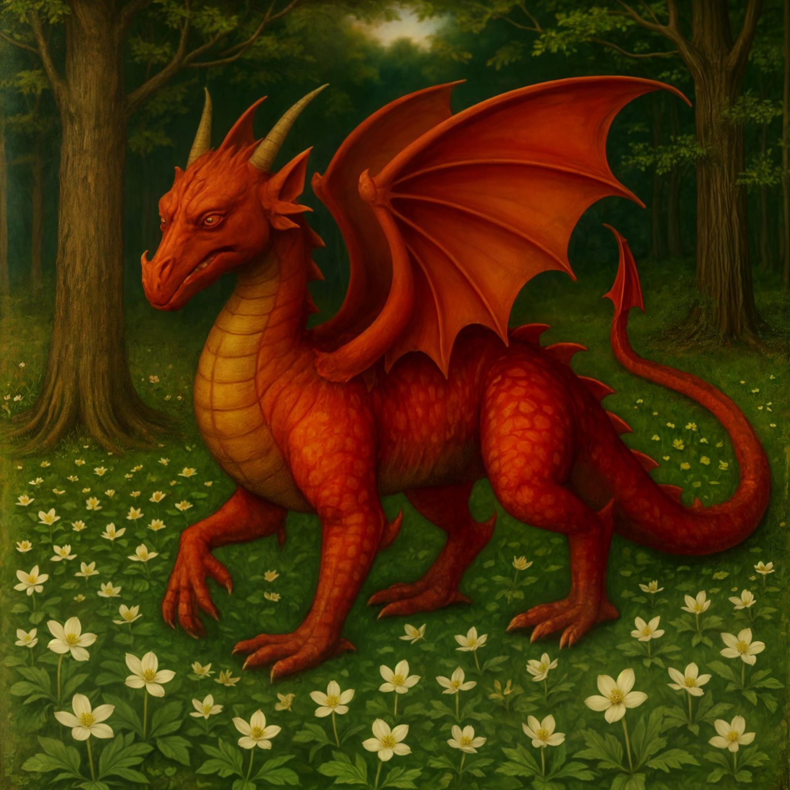 Pre-Raphaelite Welsh Dragon in Spring Woods