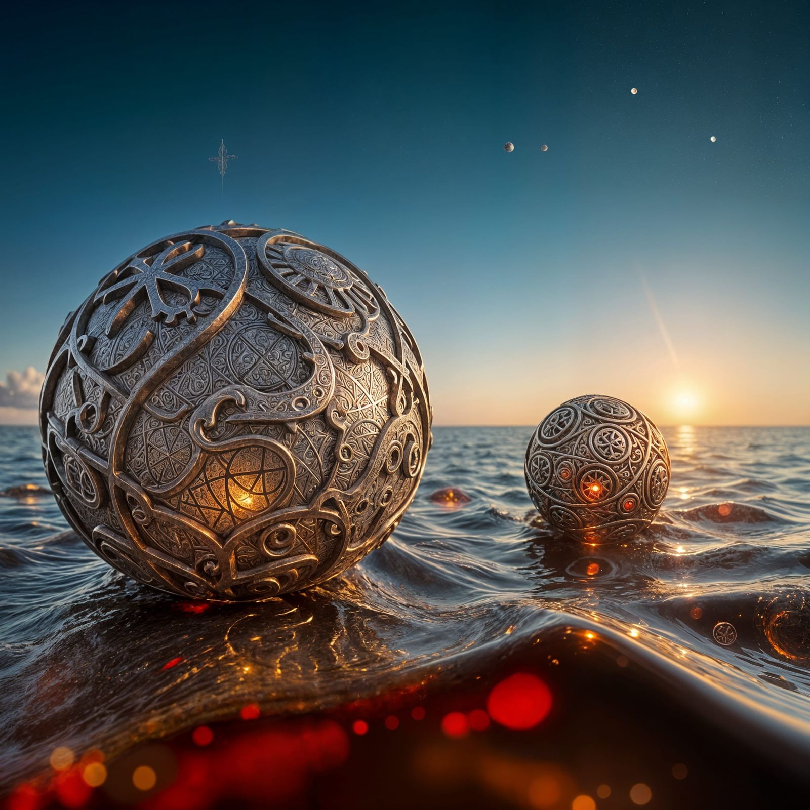 Hyperrealistic Metal Spheres with Runes Floating at Sea