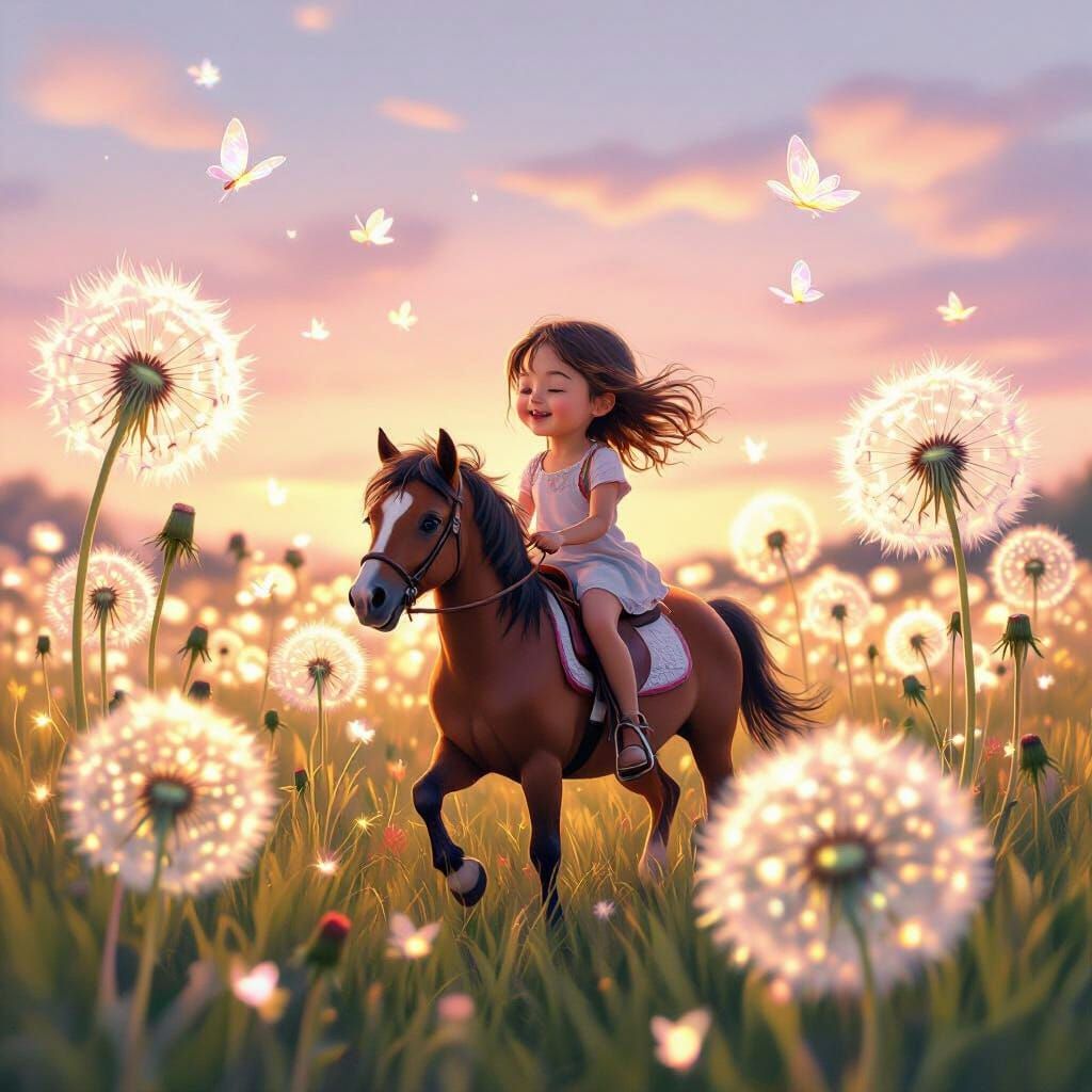 Girl Rides Miniature Horse Through Glowing Dandelions