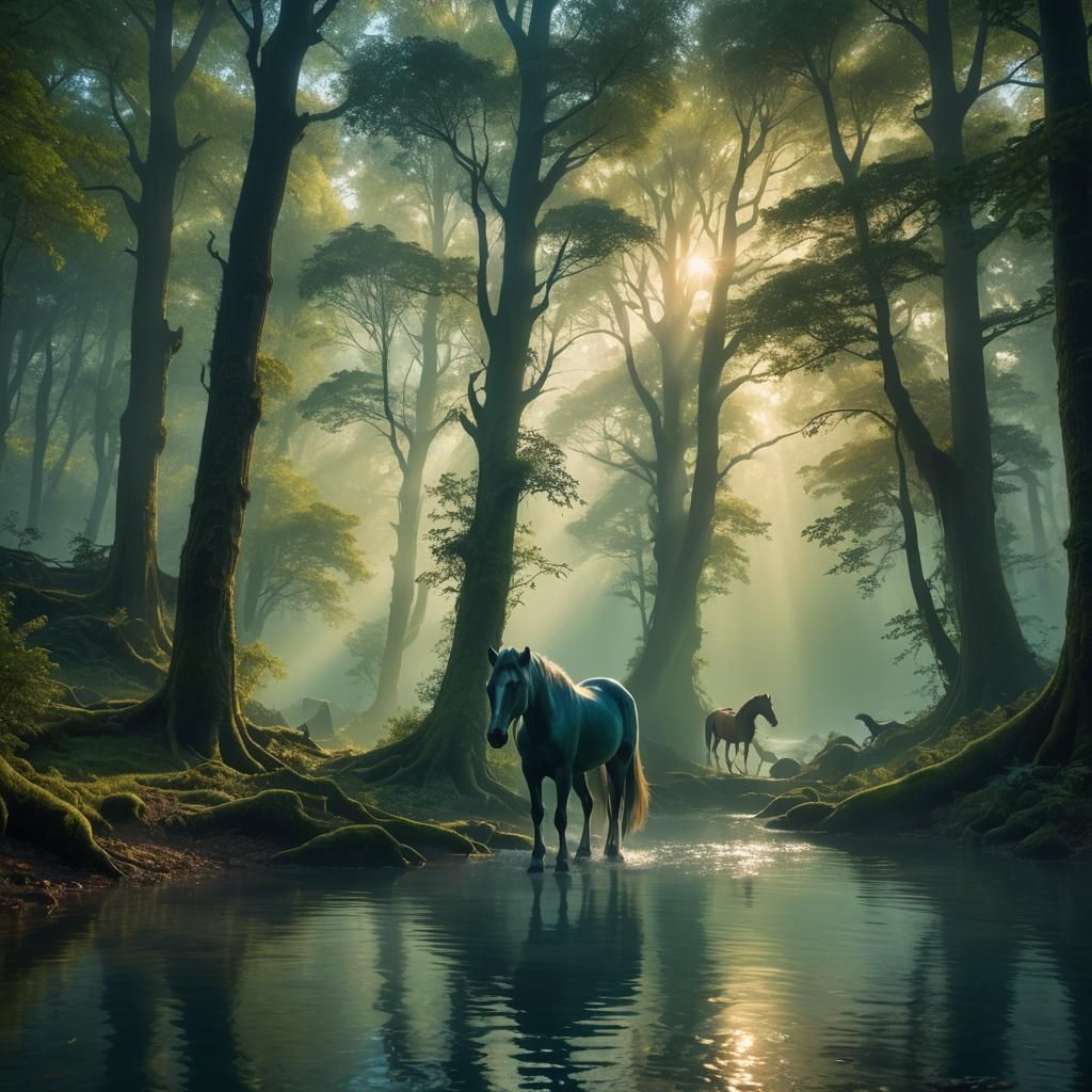 Horse Approaching a Glowing Door in Misty Forest
