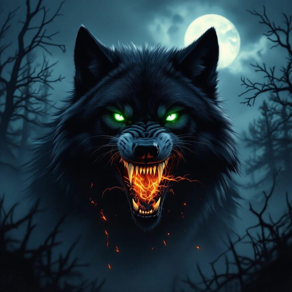 Fierce Emerald-Eyed Wolf in Gothic Horror Style