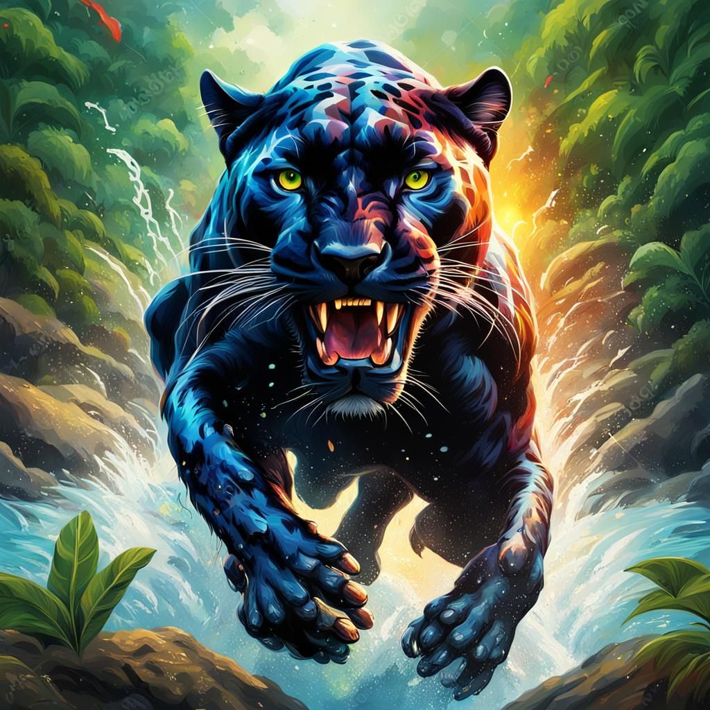 Panther Leaping in Jungle: Hyperrealistic Splash Art