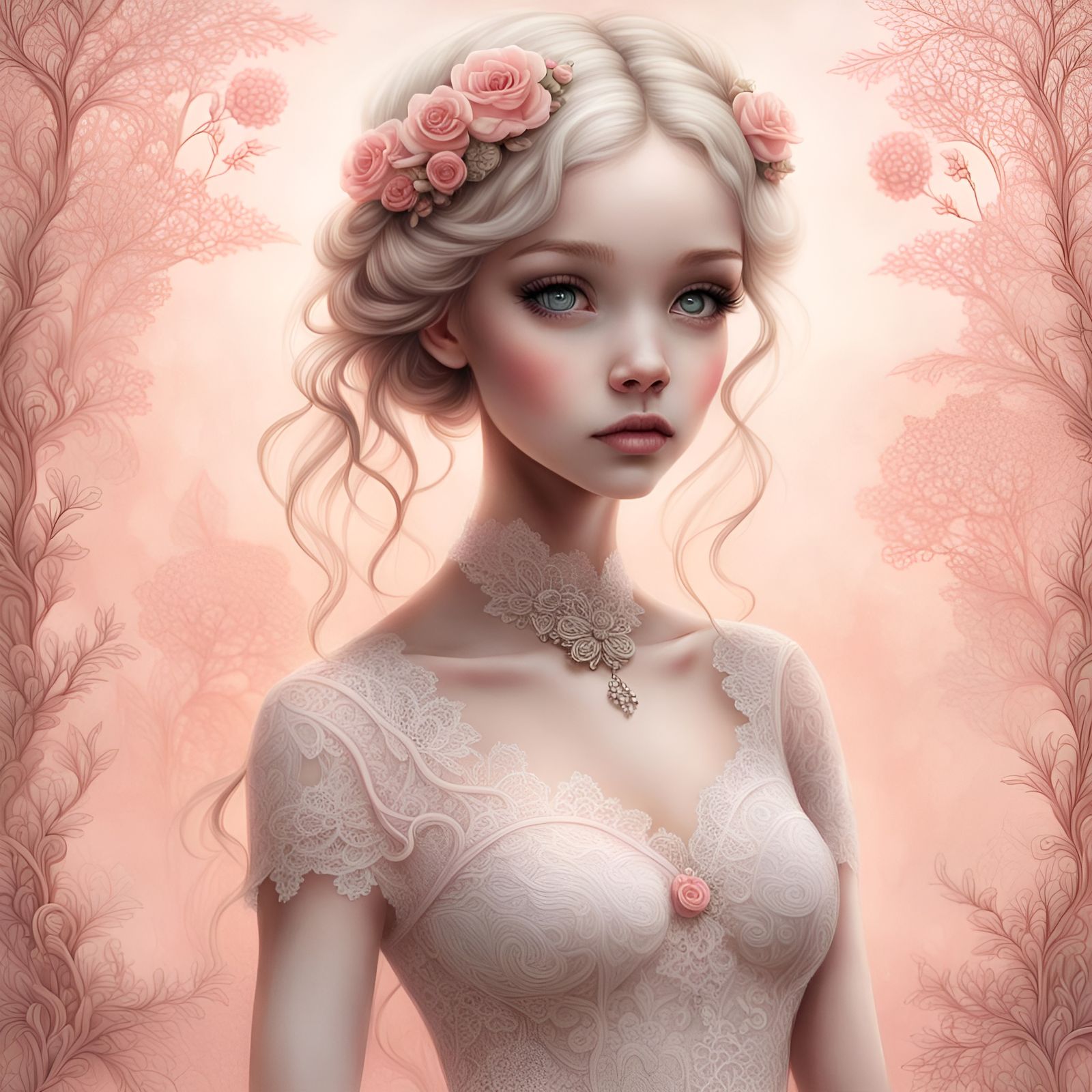 Lace-Adorned Girl in Dreamy Fairytale Landscape