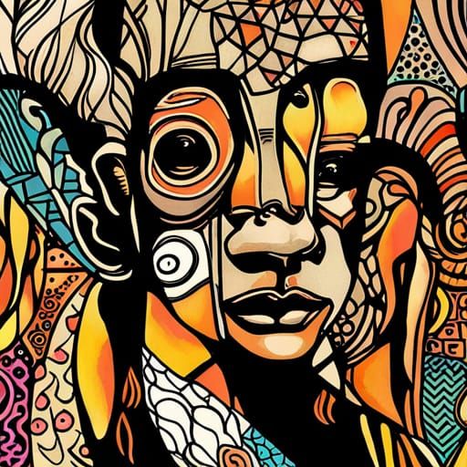 Neon African Masks in Dramatic Art Deco Style