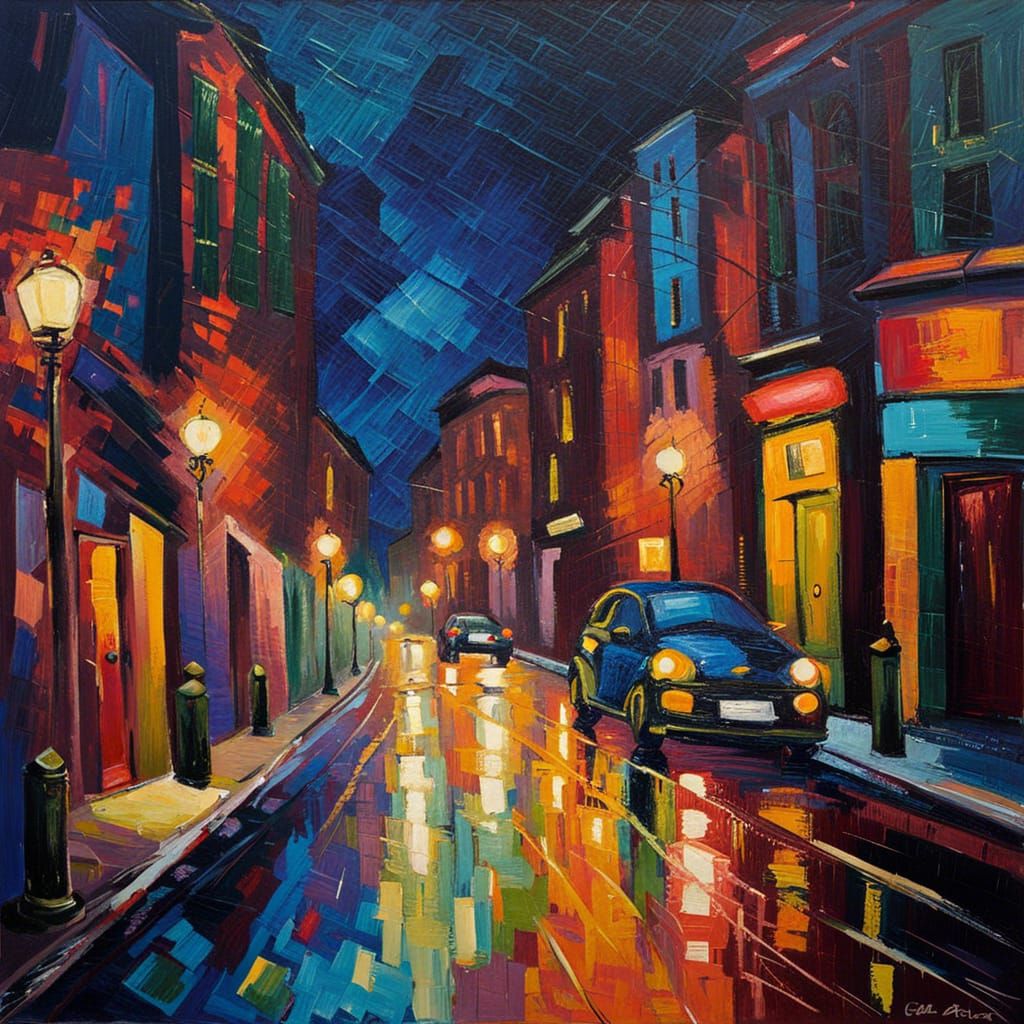 City Street at Night in Expressionist Impasto Style