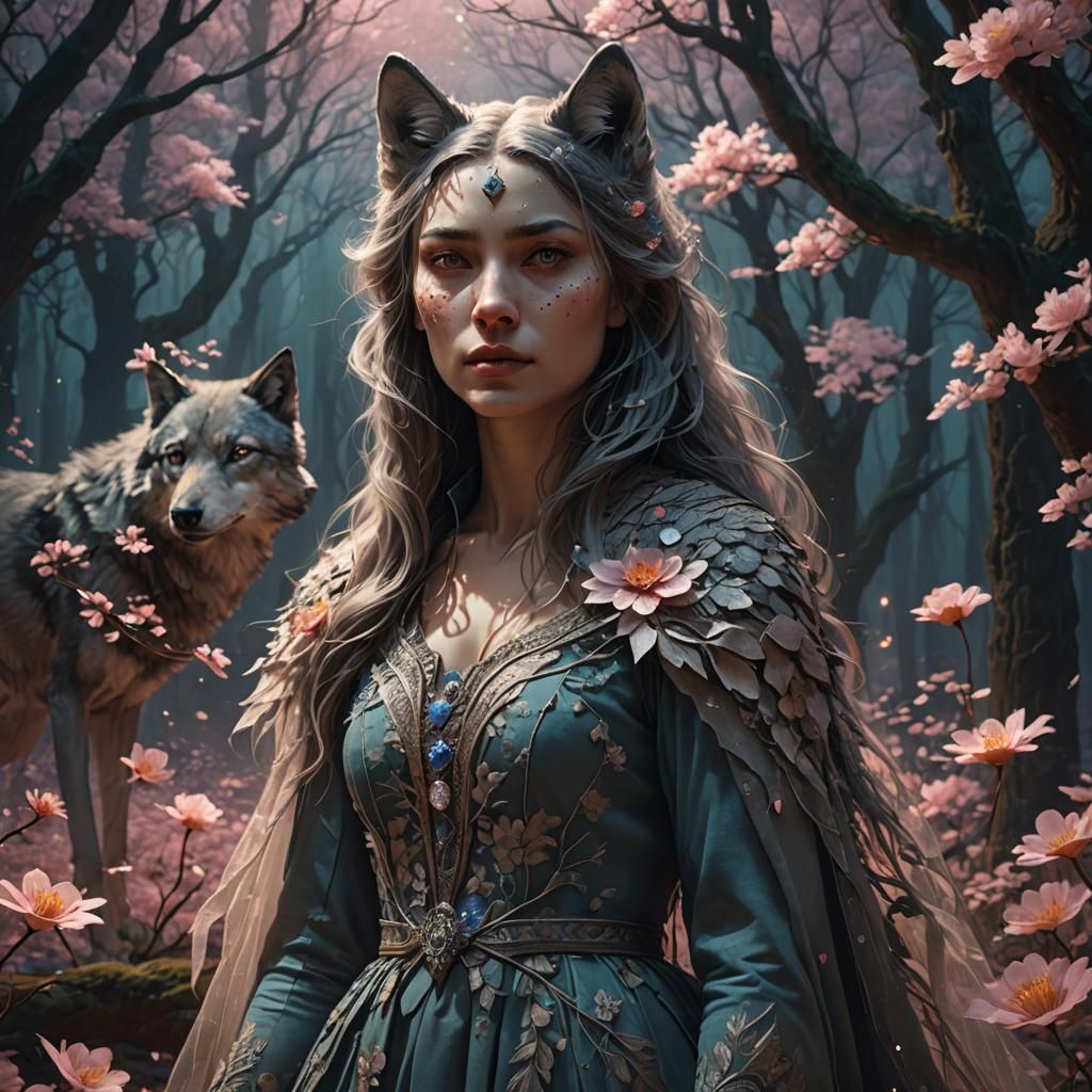 Woman and Wolf in Mystical Forest: Fantasy Art