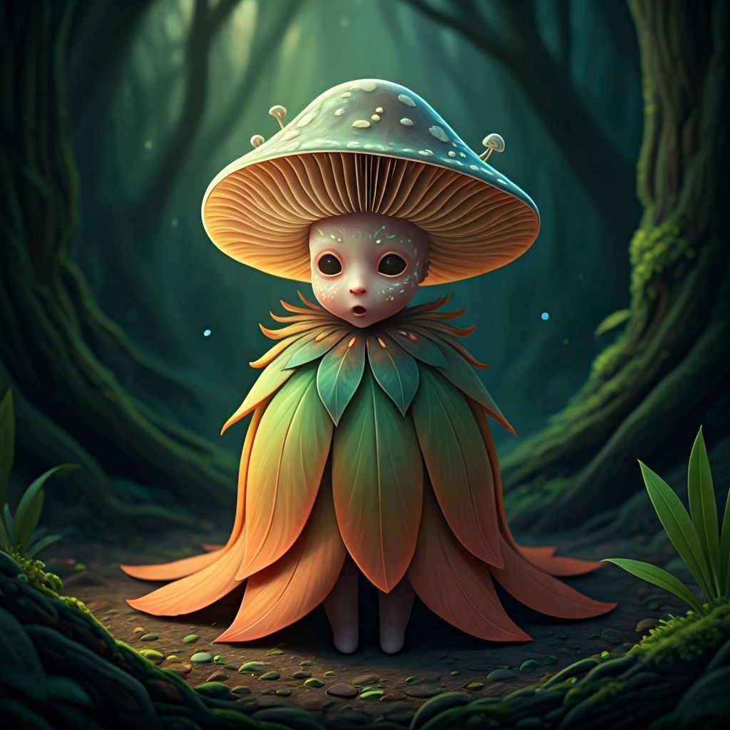 Ethereal Myconoid in Lush Forest, Digital Art