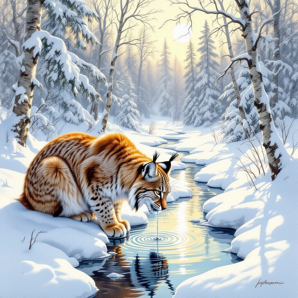 Lynx Drinking in Winter Forest, Delicate Pencil Sketch