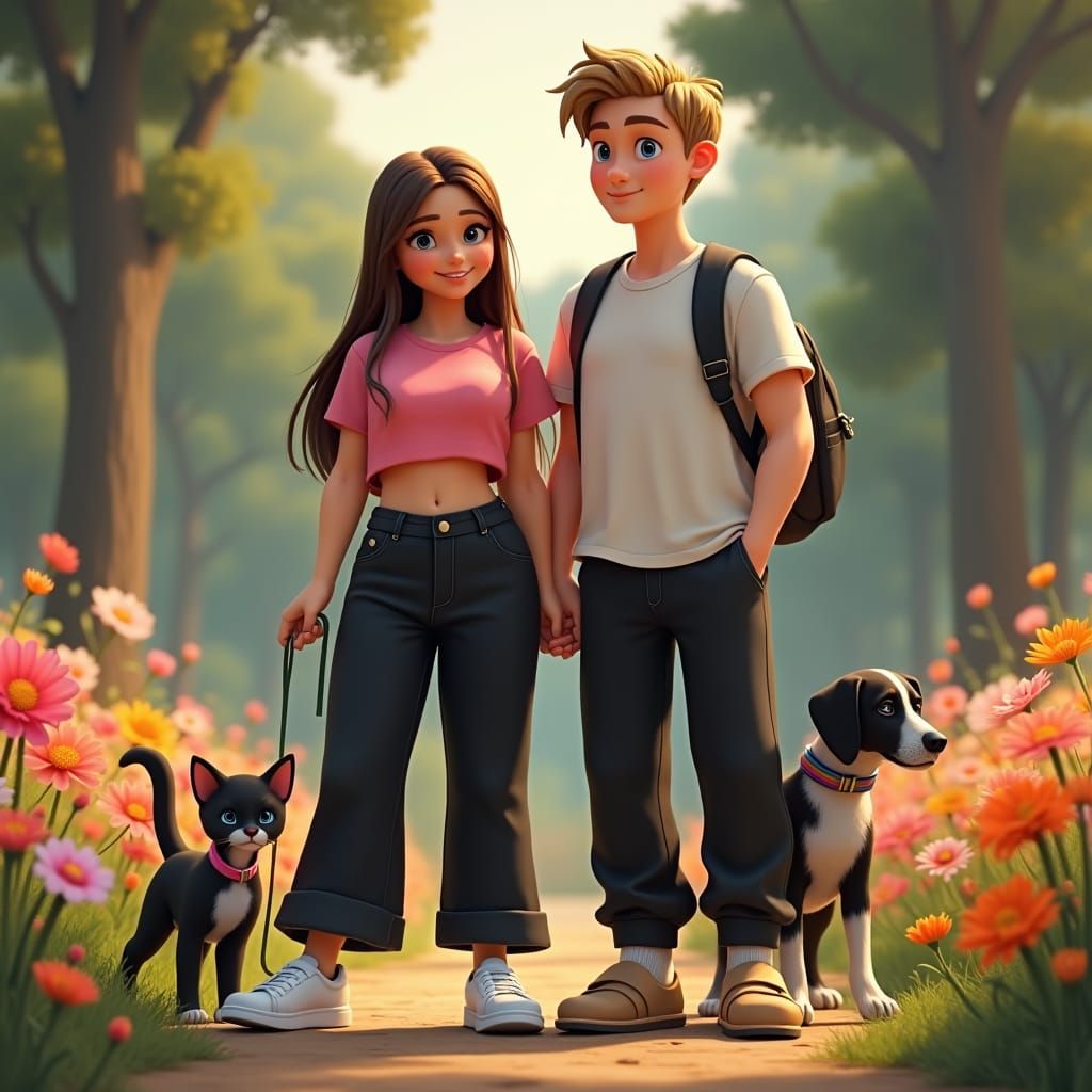 Idyllic Garden Scene with Couple and Pets