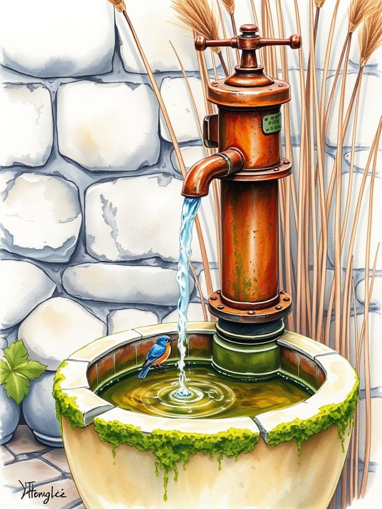 Watercolor of Rusty Pump with Bird in Mossy Basin