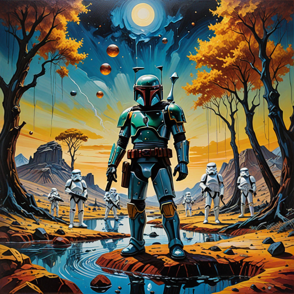 Surreal Cyberpunk Landscape with Boba Fett and Stormtroopers