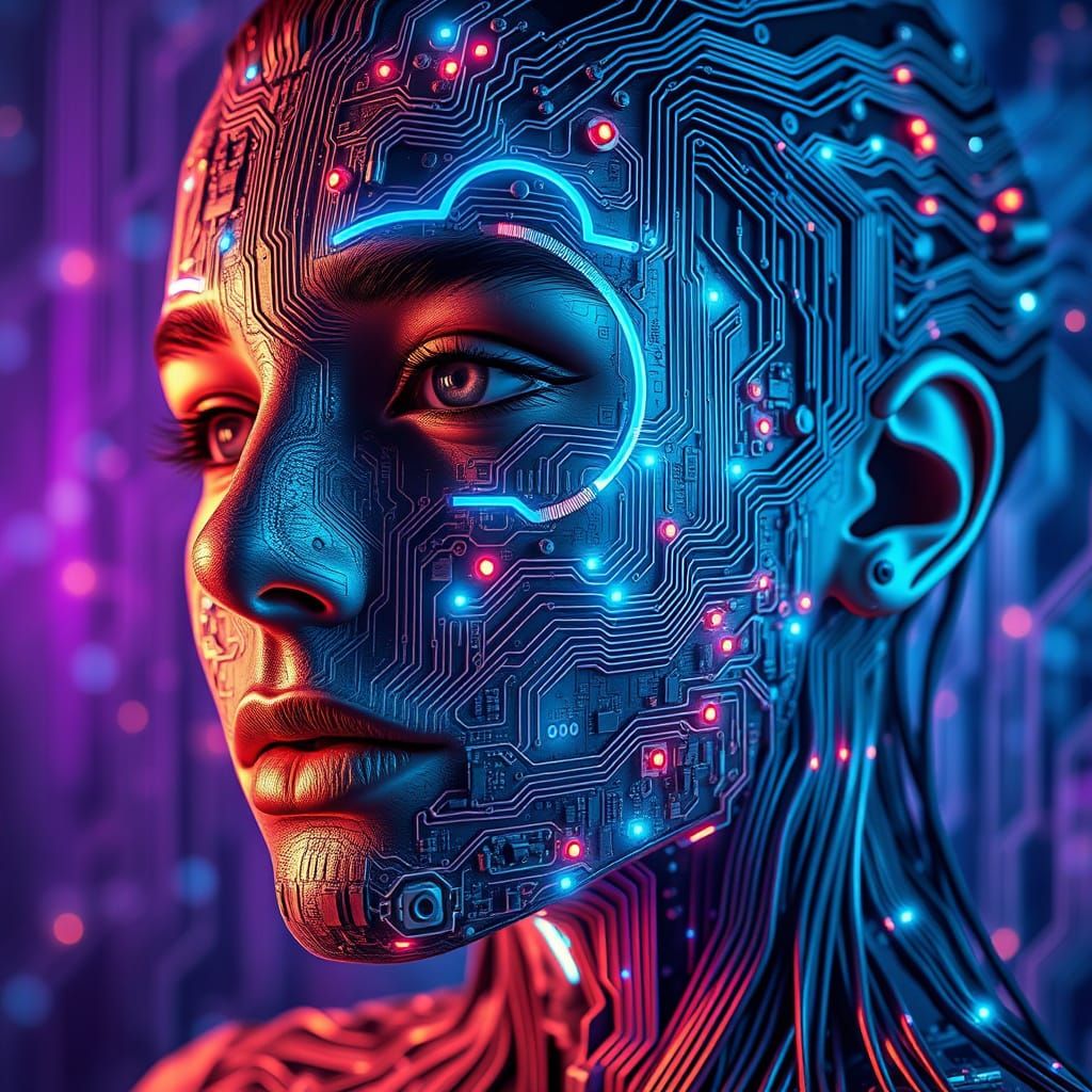 Hyperrealistic Cybernetic Woman in Futuristic Circuitry