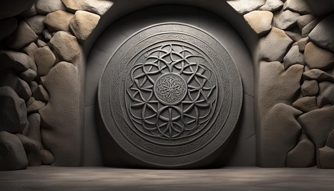 Ancient Celtic Door in Cave, Hyperrealistic Concept Art