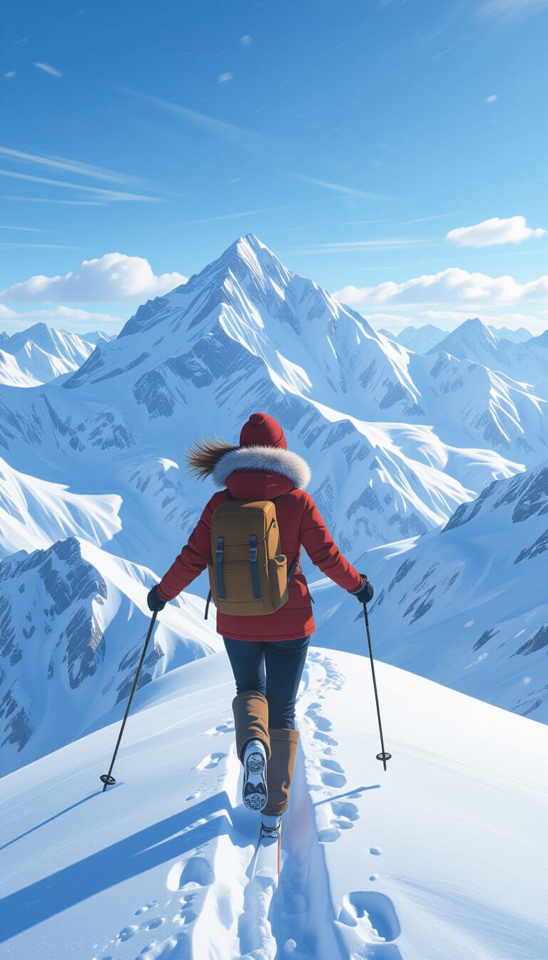 Woman Flying Over Snowy Alps, Hyperrealistic Detail
