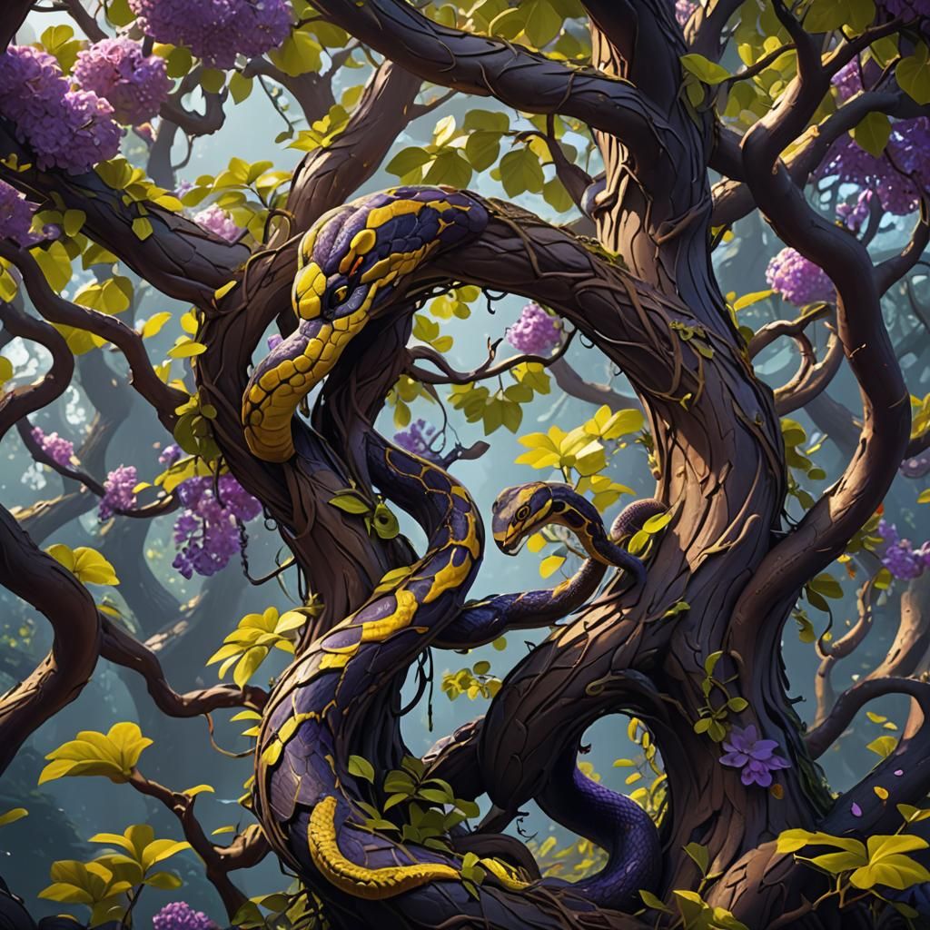 Detailed Snake Climbing Tree in Dark Fantasy Style