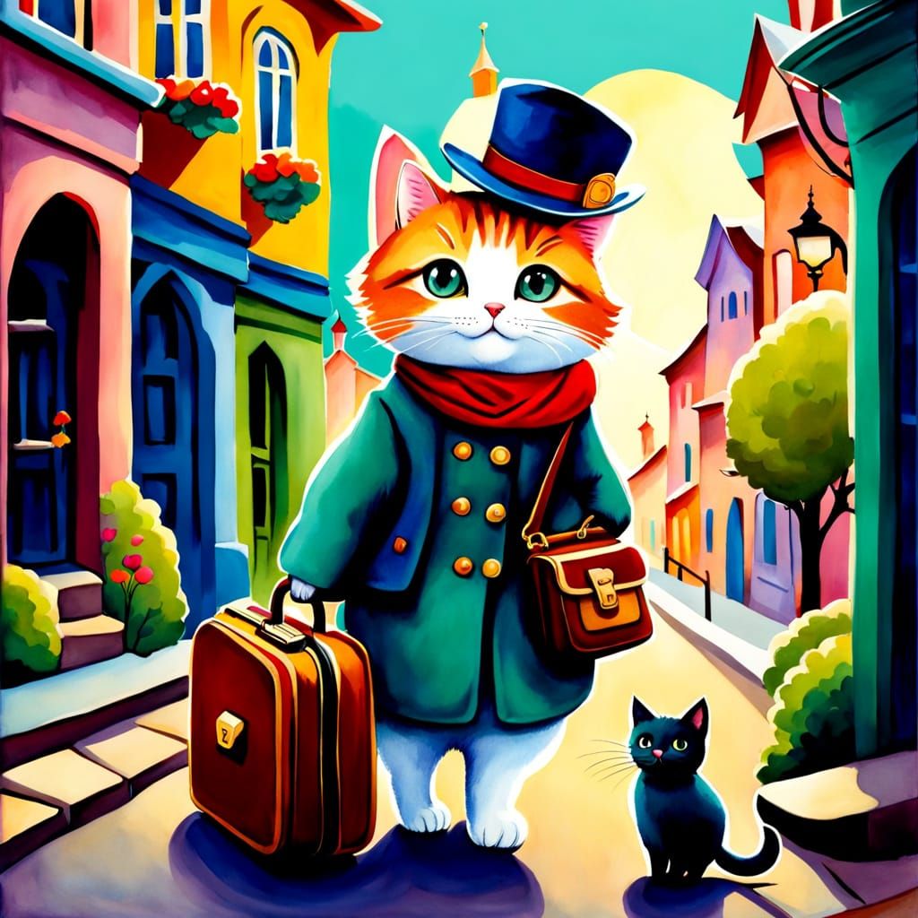 Charming Watercolor Cat Embarks on Whimsical Adventure