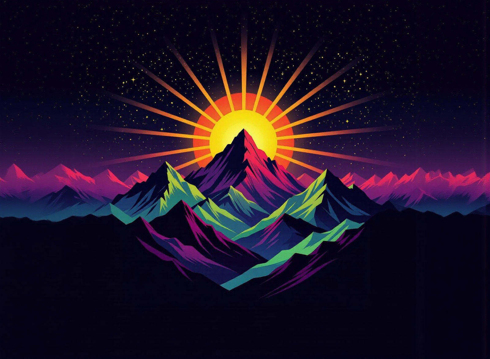 Abstract Mountains with Radiating Sun in Isometric Style