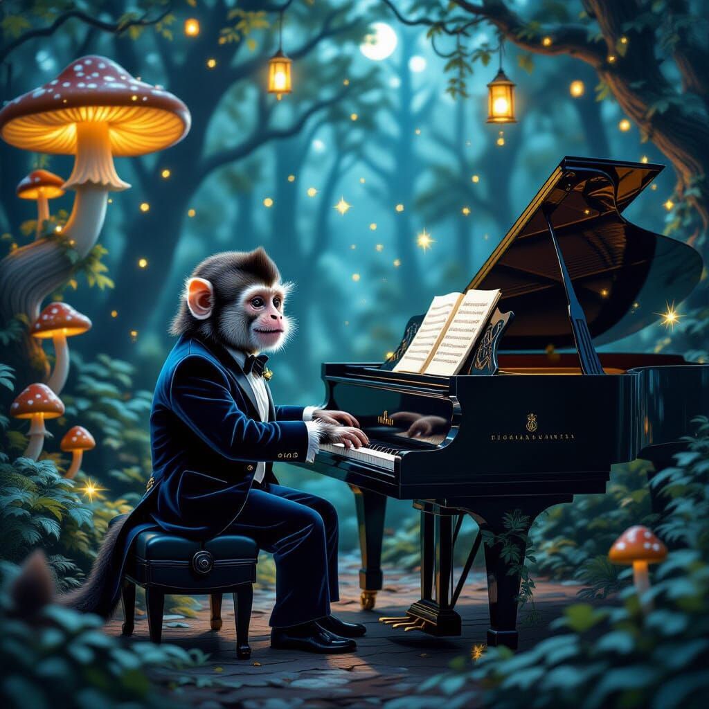 Enchanted Forest: Capuchin Pianist in Romantic Style