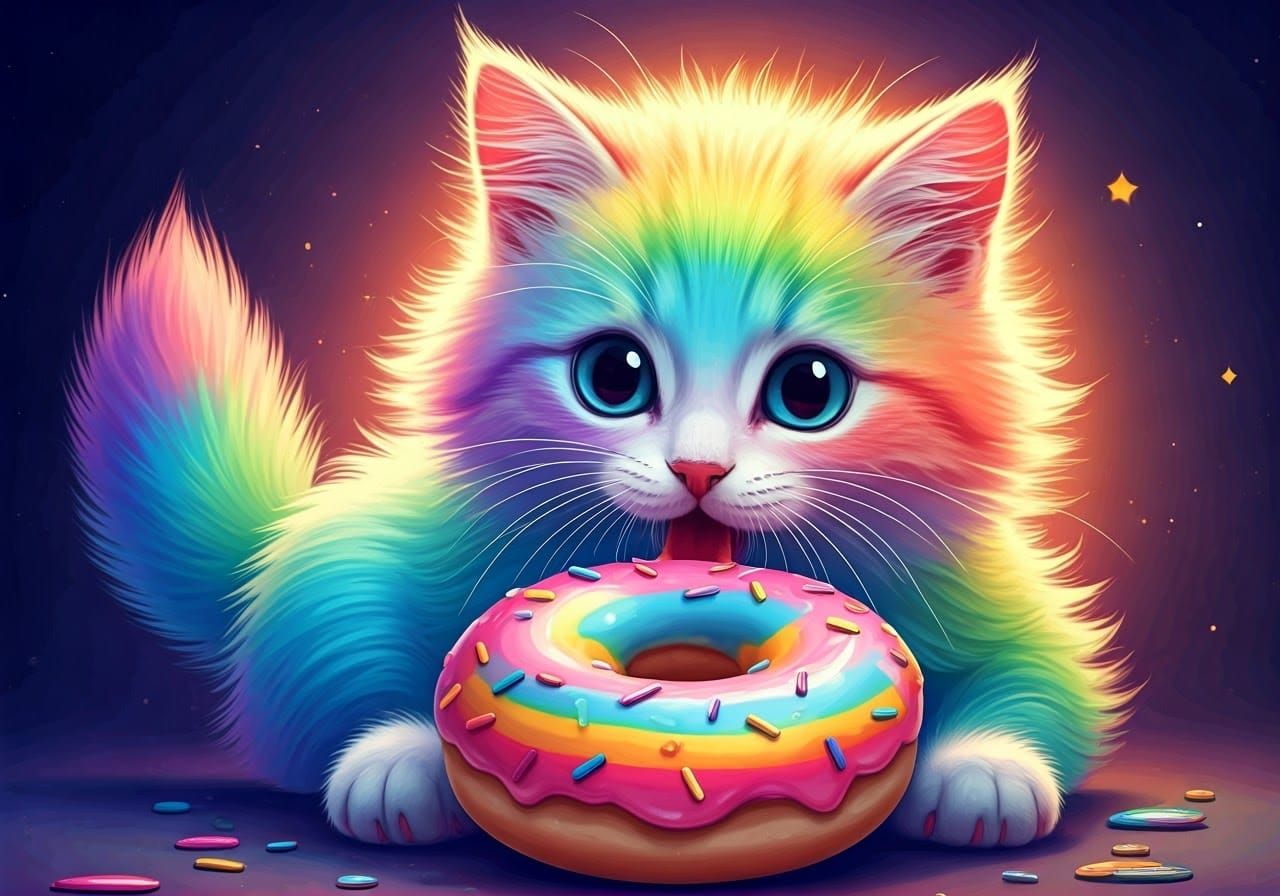 Rainbow Kitten Nibbling Donut in Dreamy Digital Art