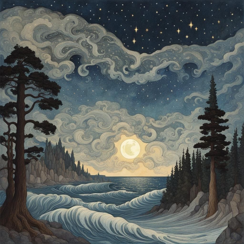 Magical Starry Ocean Landscape with Wolf