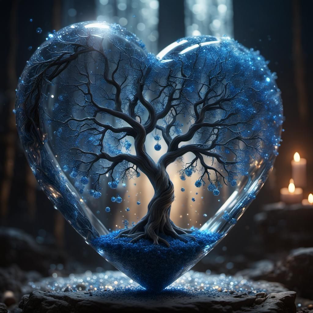 an epic crystal heart with a blue tree inside, chiaroscuro, glitter, sparks, 16k resolution photorealistic, masterpiece,...