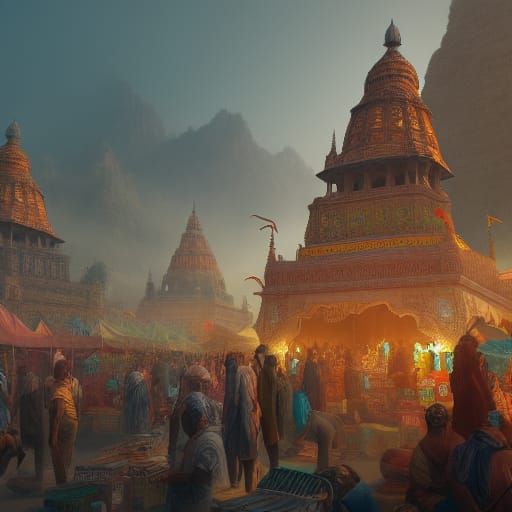 Crowded Indian Market in Detailed Matte Painting