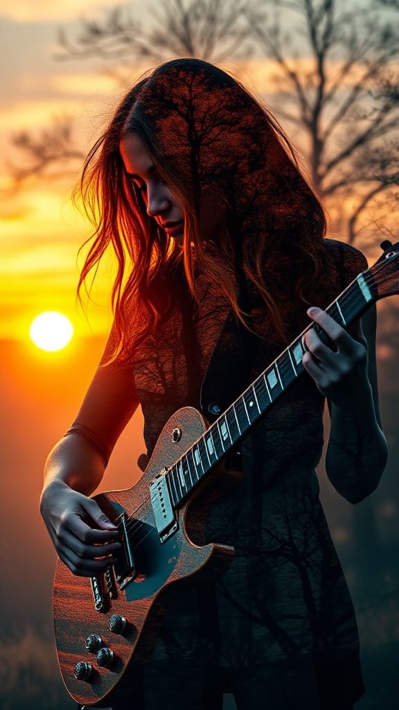 Surreal Double Exposure Guitarist at Sunset