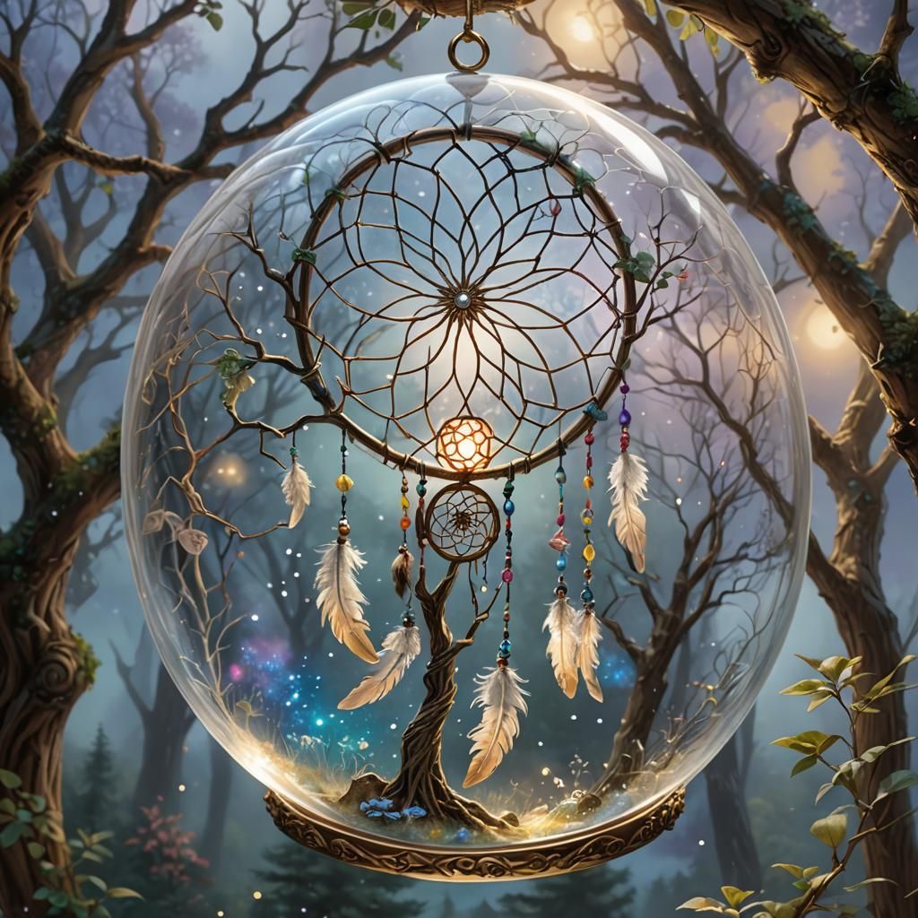 Dreamcatcher in Glass Dome: Ethereal Fantasy Art