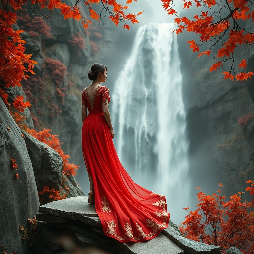 Serene Portrait of a Woman in Crimson Red Dress, Majestic Wa...