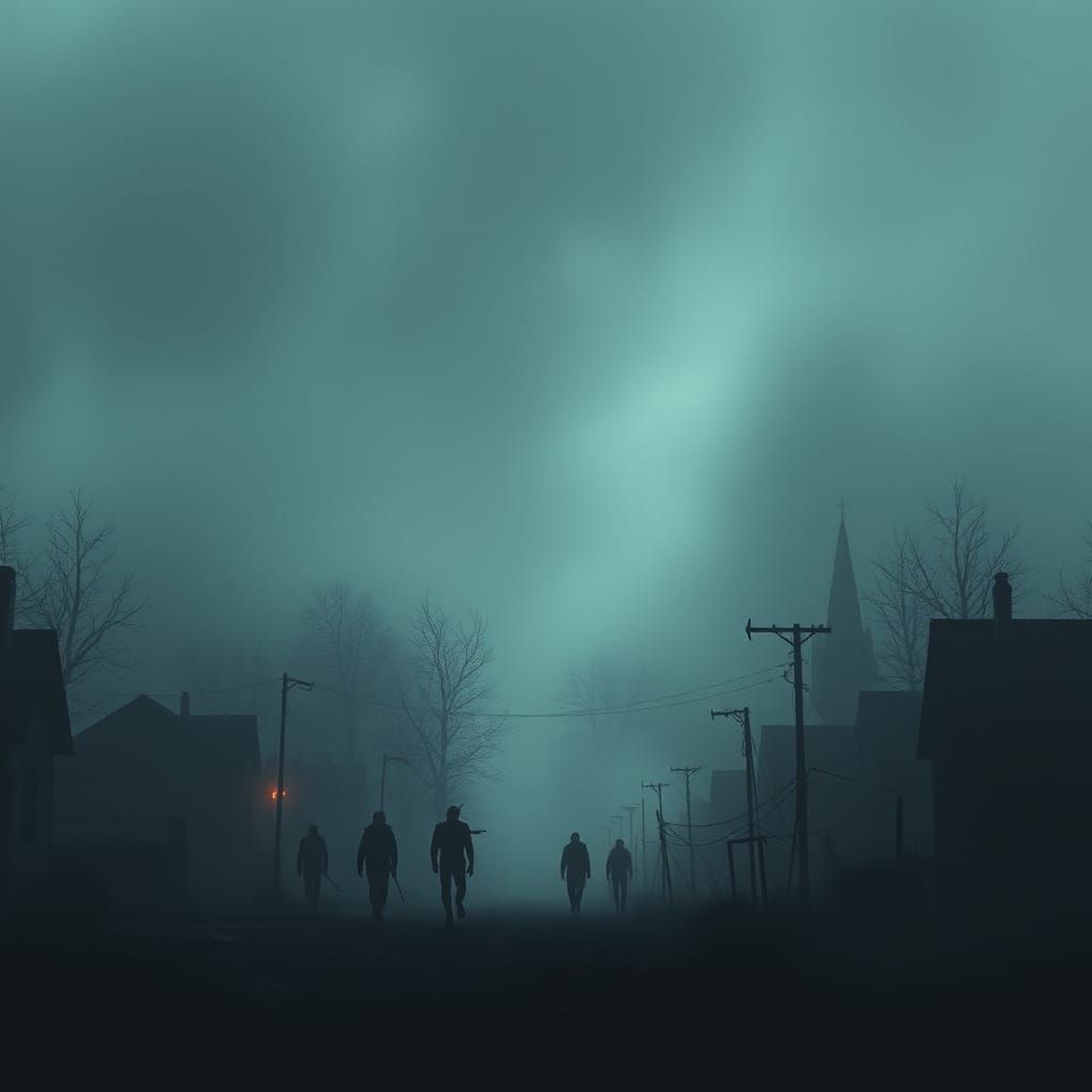 Eerie Foggy Townscape with Ominous Silhouettes