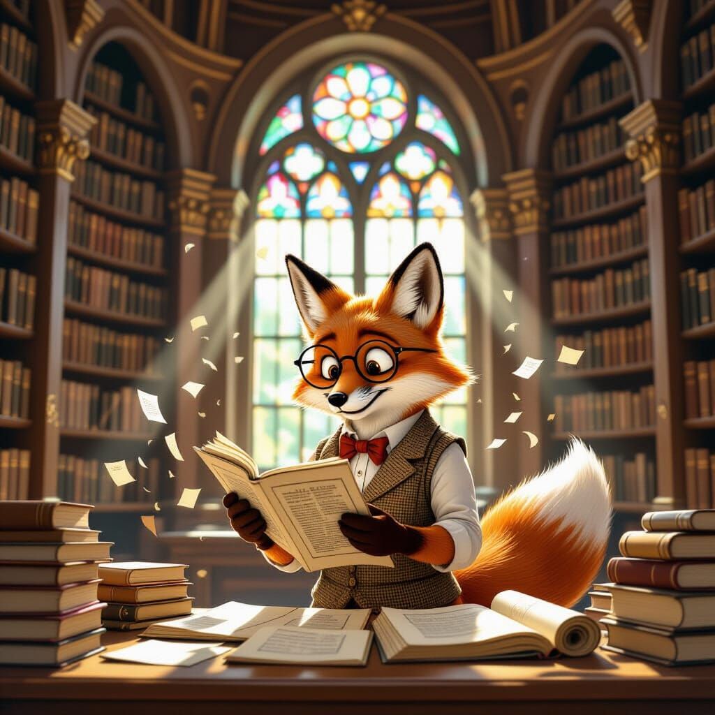 Anthropomorphic Fox Librarian in Cozy Circular Library