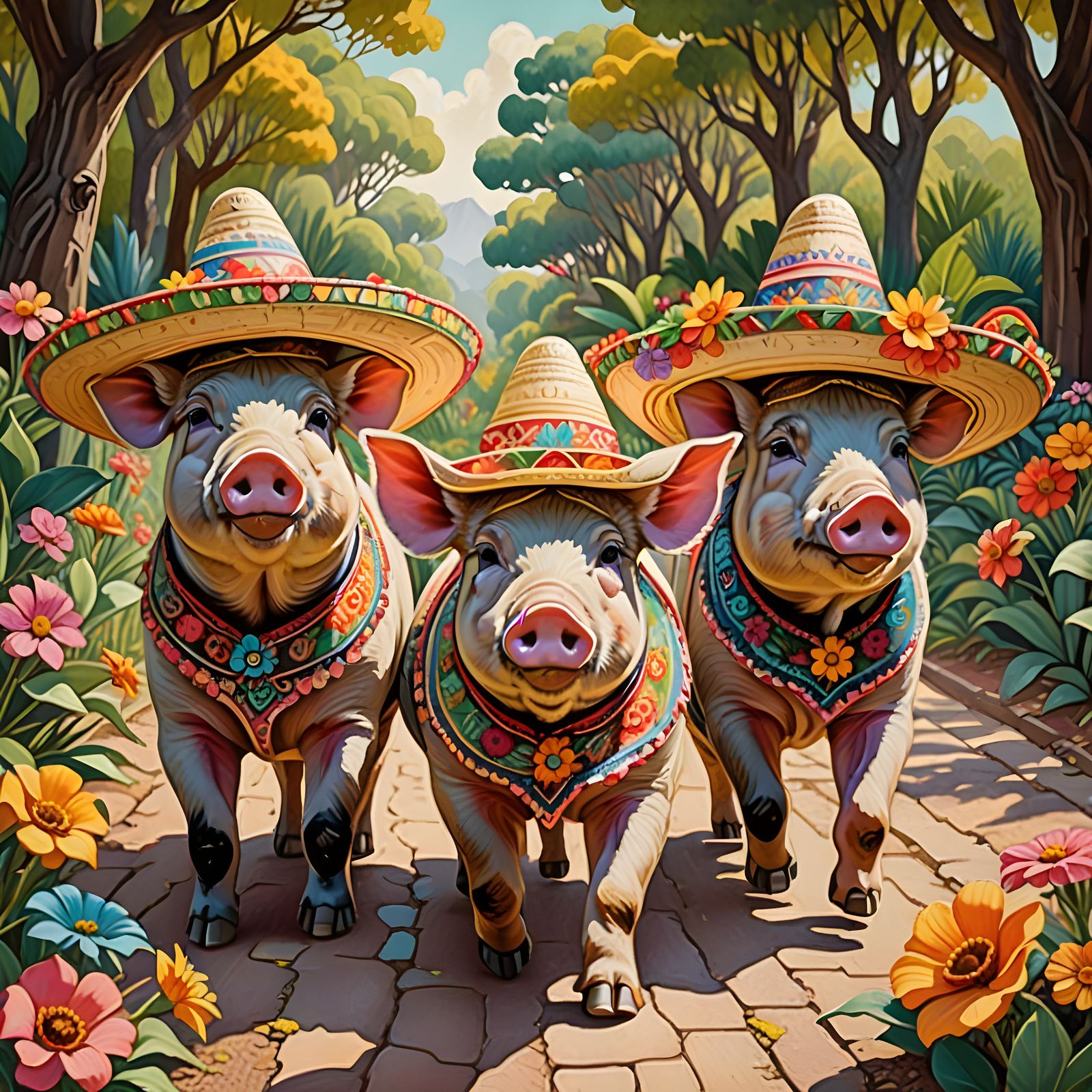 Pigs in Sombreros Strolling Down Tropical Path