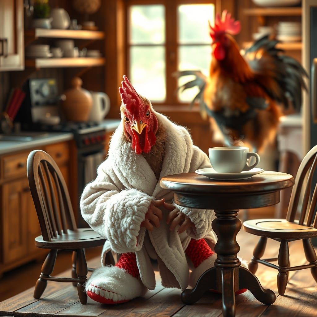 Grumpy Chicken Enjoying Morning Coffee in Farmhouse Kitchen