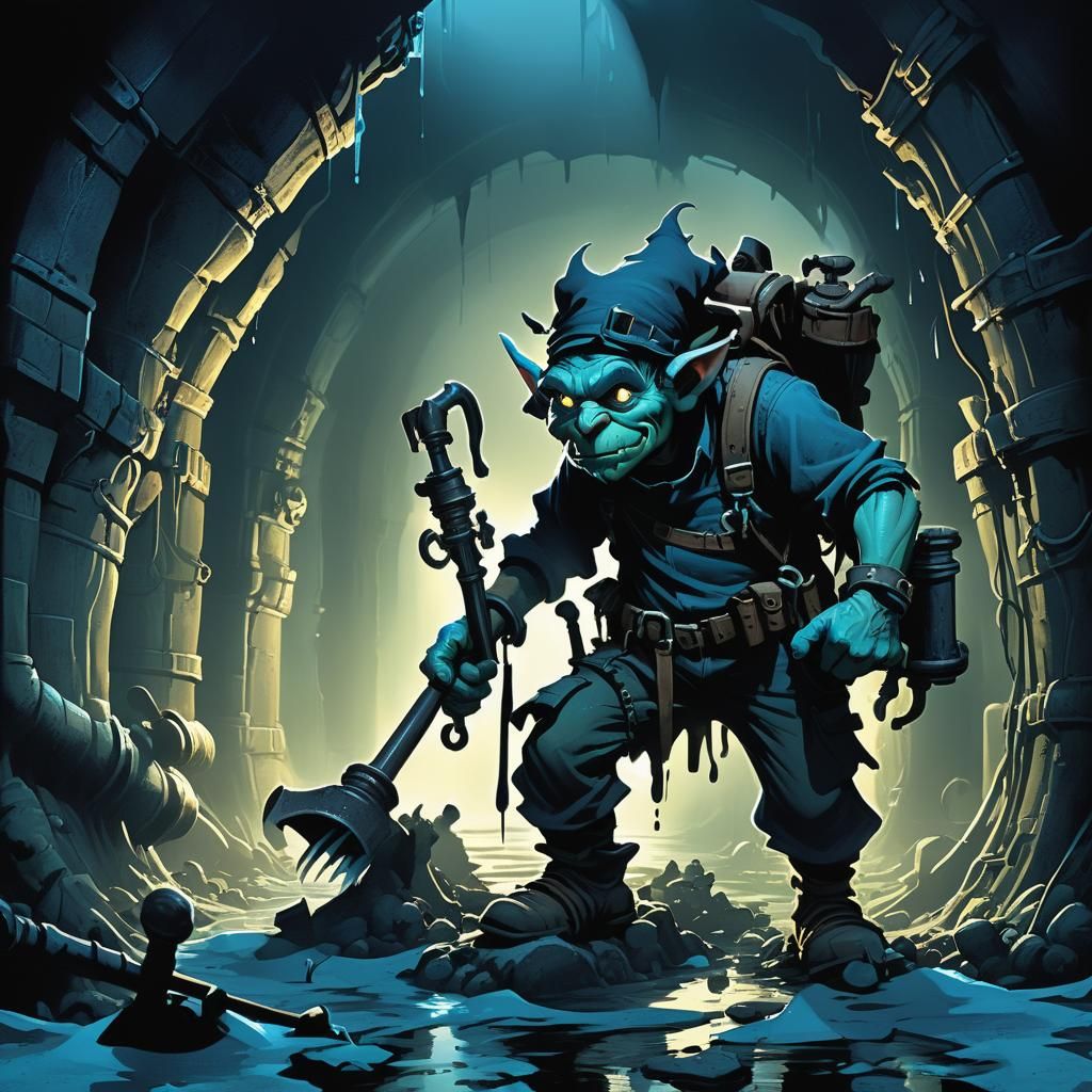 Goblin Plumber in Grimy Sewer: Dark Fantasy Art