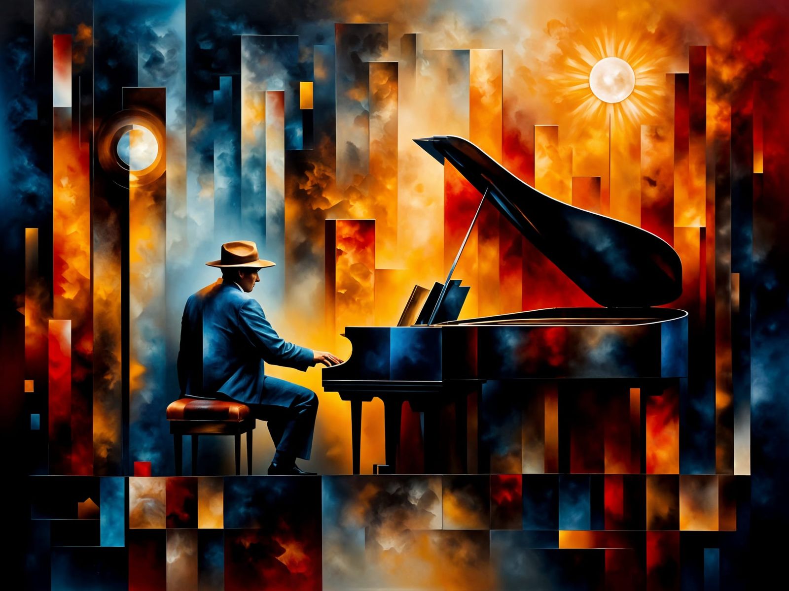 Cubist Jazz Club with Piano and Musician