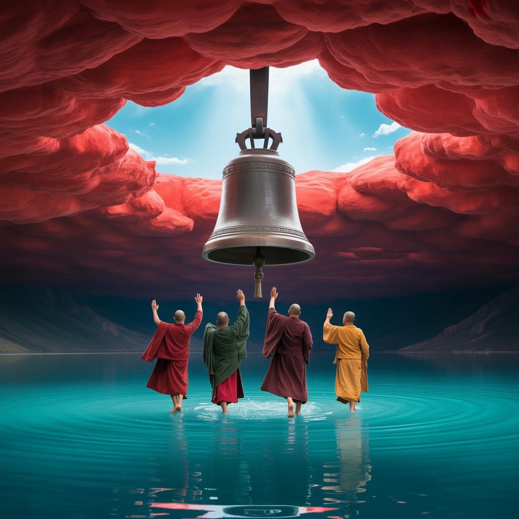 Monks Dancing Under Giant Sky Bell in Red Cloud