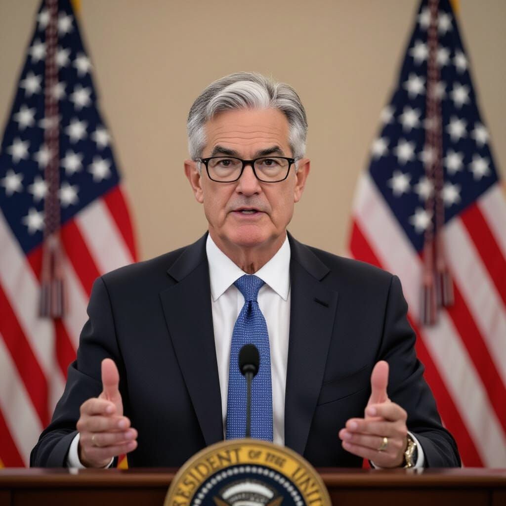 Jerome Powell Press Conference in Hyperrealistic Style