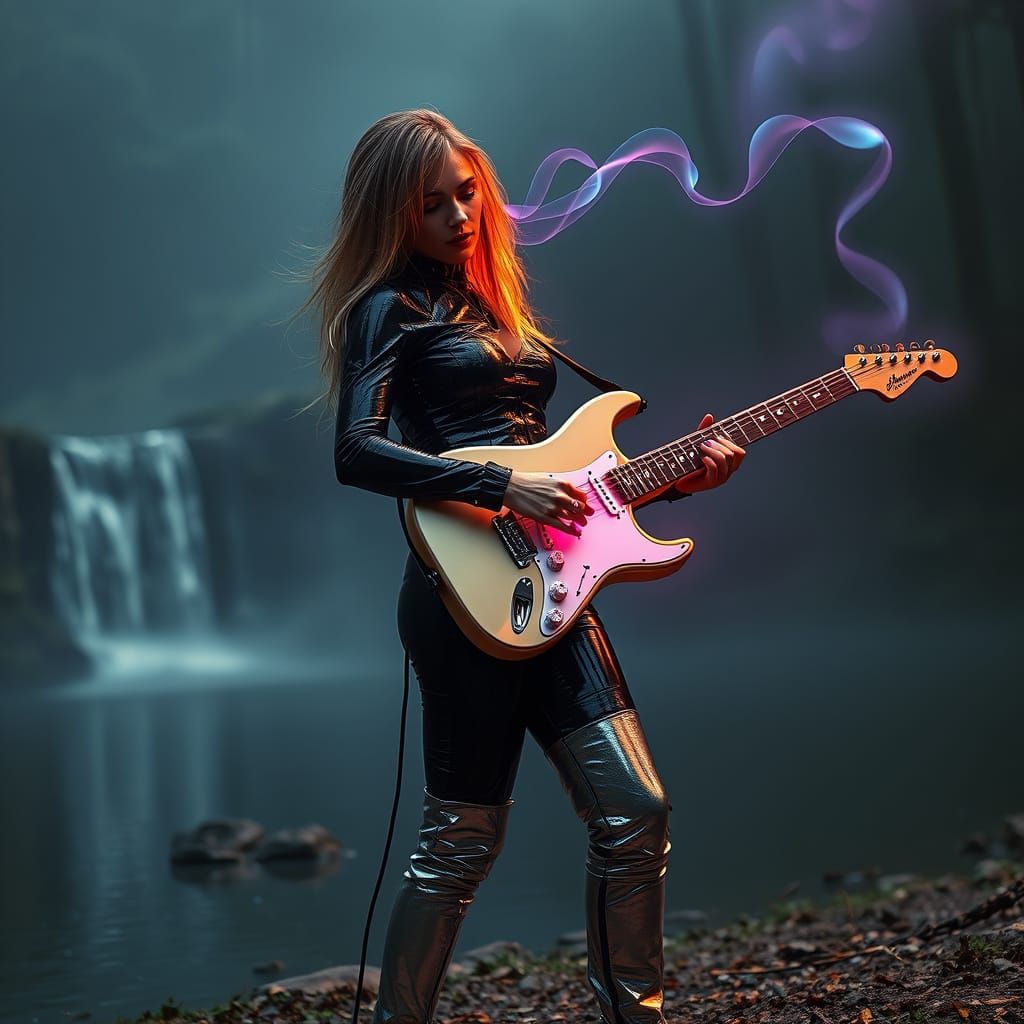 Cyberpunk Guitarist in Misty Forest with Neon Accents