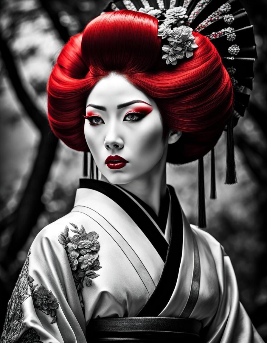 Monochrome Geisha with Red Color Splash Art