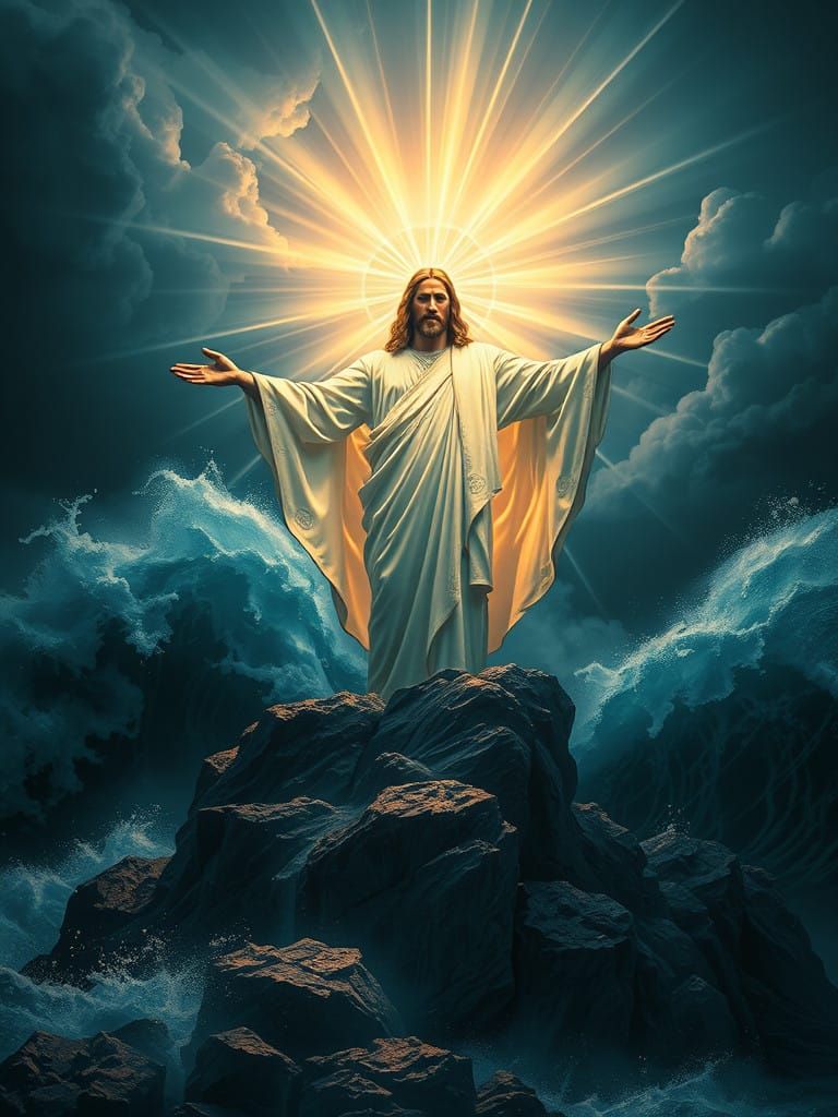 Benevolent Savior Illuminates the Stormy Night in Vibrant, H...