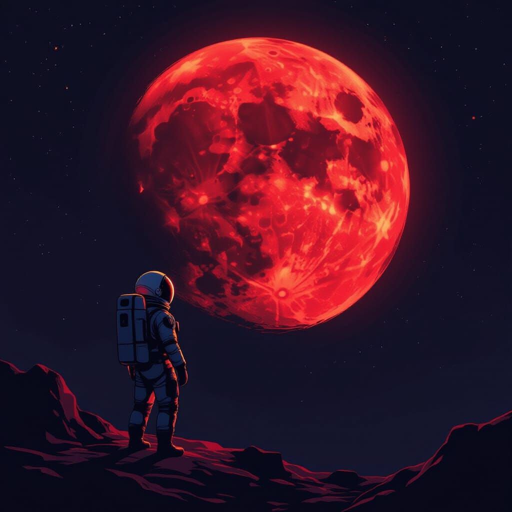 Astronaut Gazing at Crimson Moon in Space