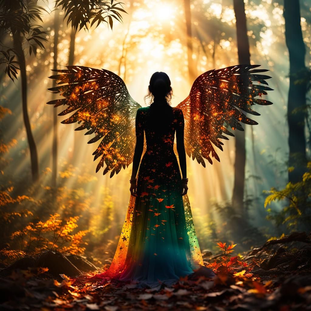 Indian Angel Silhouette in Autumn Jungle Sunrise