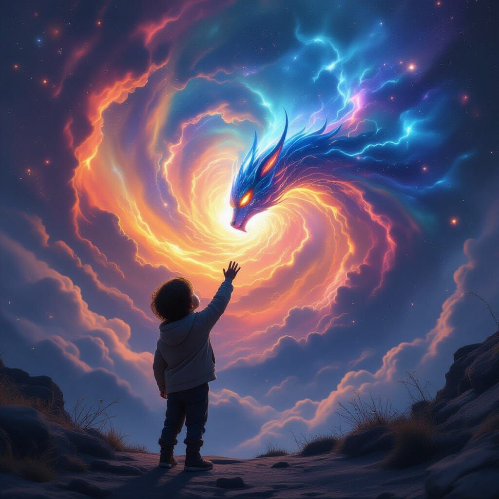 Child Reaching for Mythical Constellation in Cosmic Nebula