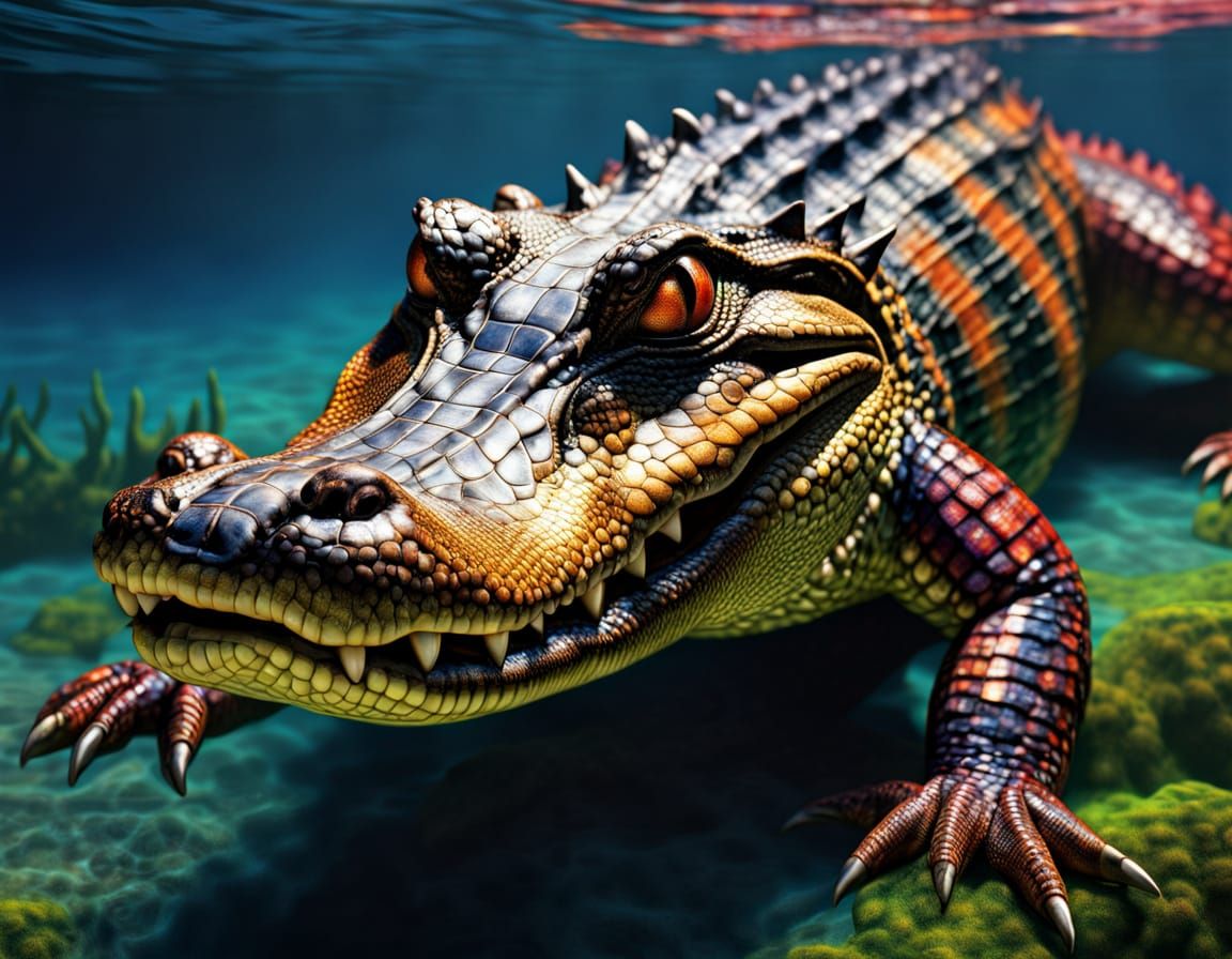 Plaid Alligator Halfway Underwater: Hyperrealistic Rendering
