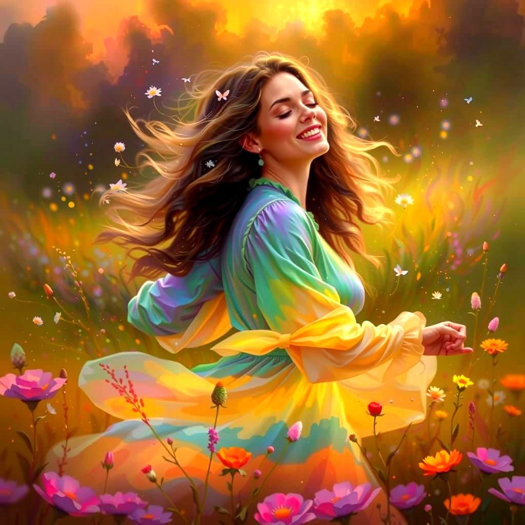 Ethereal Woman Twirls in Whimsical Meadow