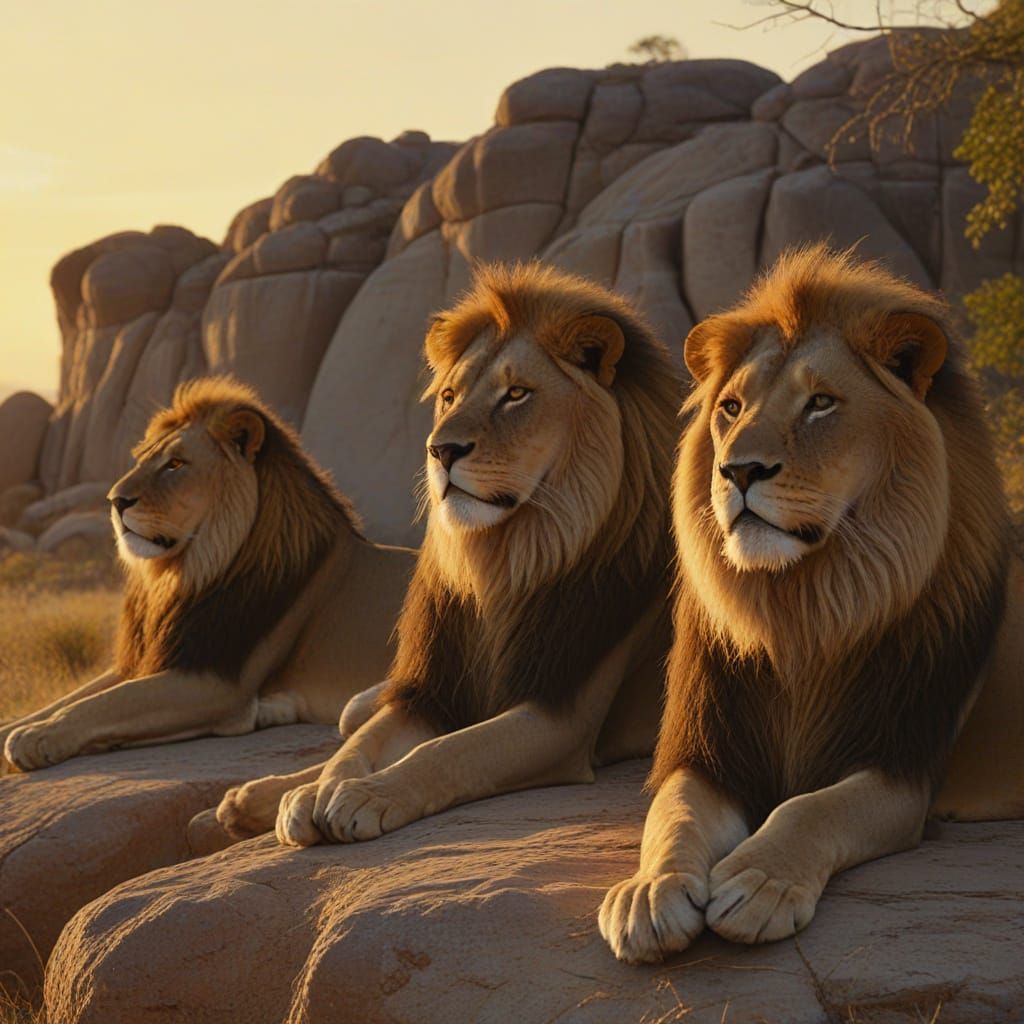 Majestic Lions on Golden Savanna at Sunset