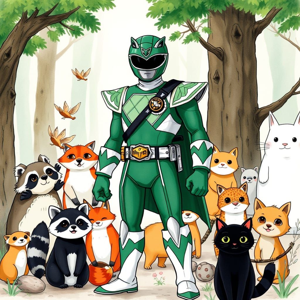 Green Power Ranger with animals around Ghibli