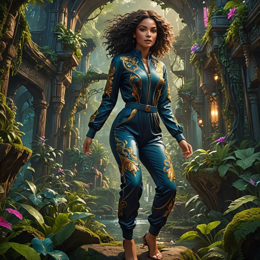 Lush Woman in Jumpsuit: Detailed Matte Painting