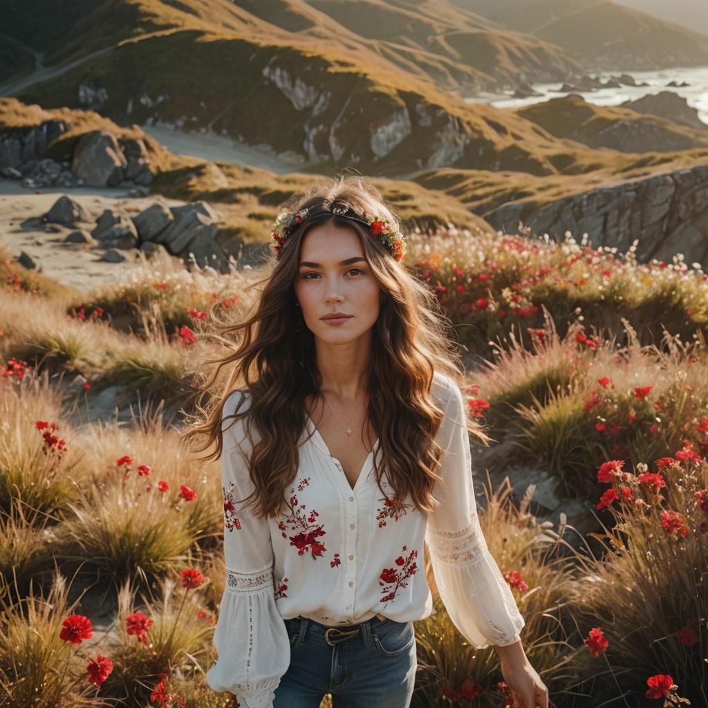 Boho Woman Posing on Beach in Cinematic Style
